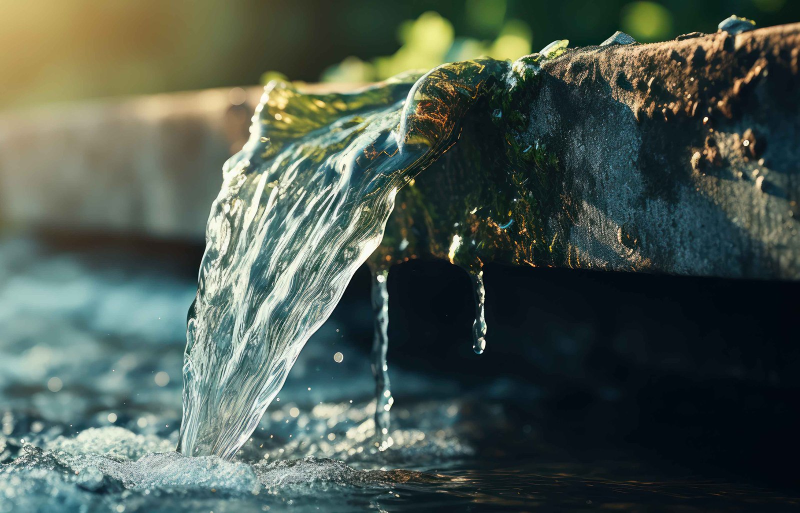 rustic faucet pours clear stream contrasting with weathered green